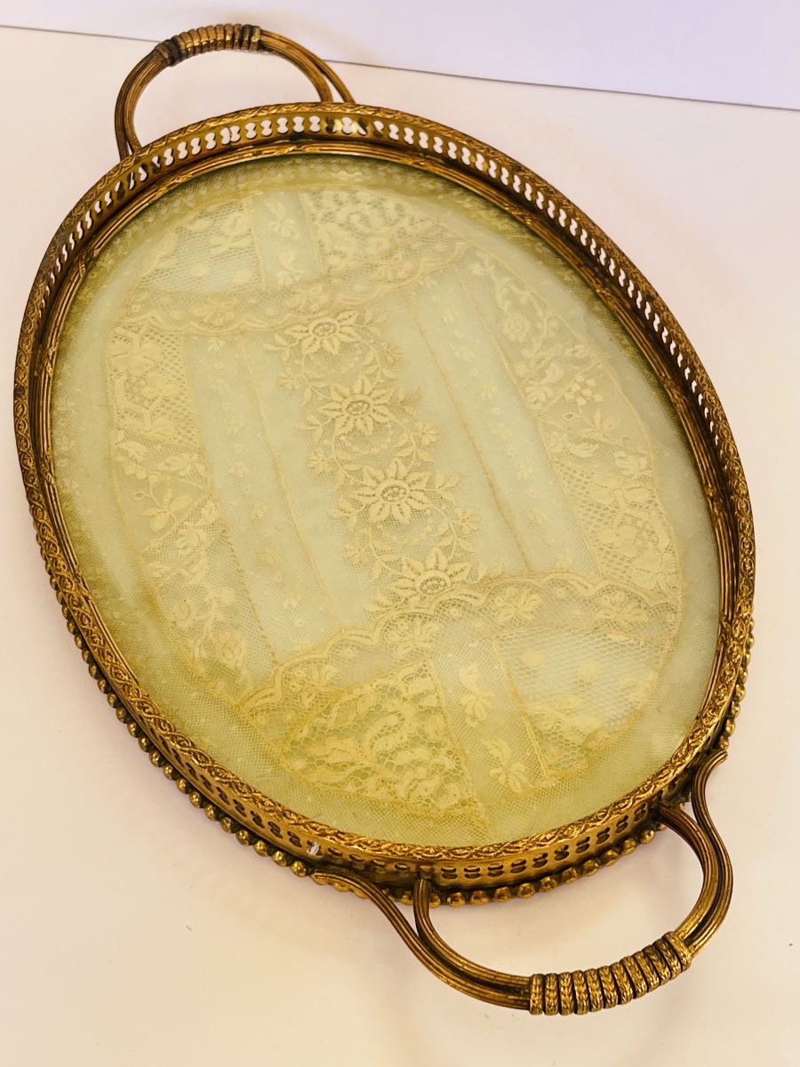 Brass Tray With Embroidery Under Glass -photo-1